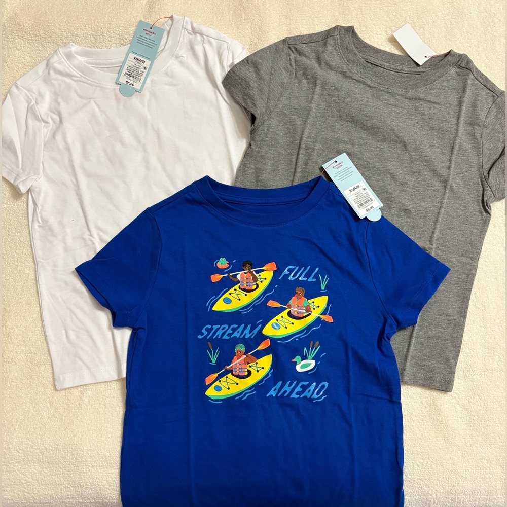3 Cat & Jack T-shirts, 1 Blue with Graphic Design, 1 White, 1 Gray. NWT. (4/5)